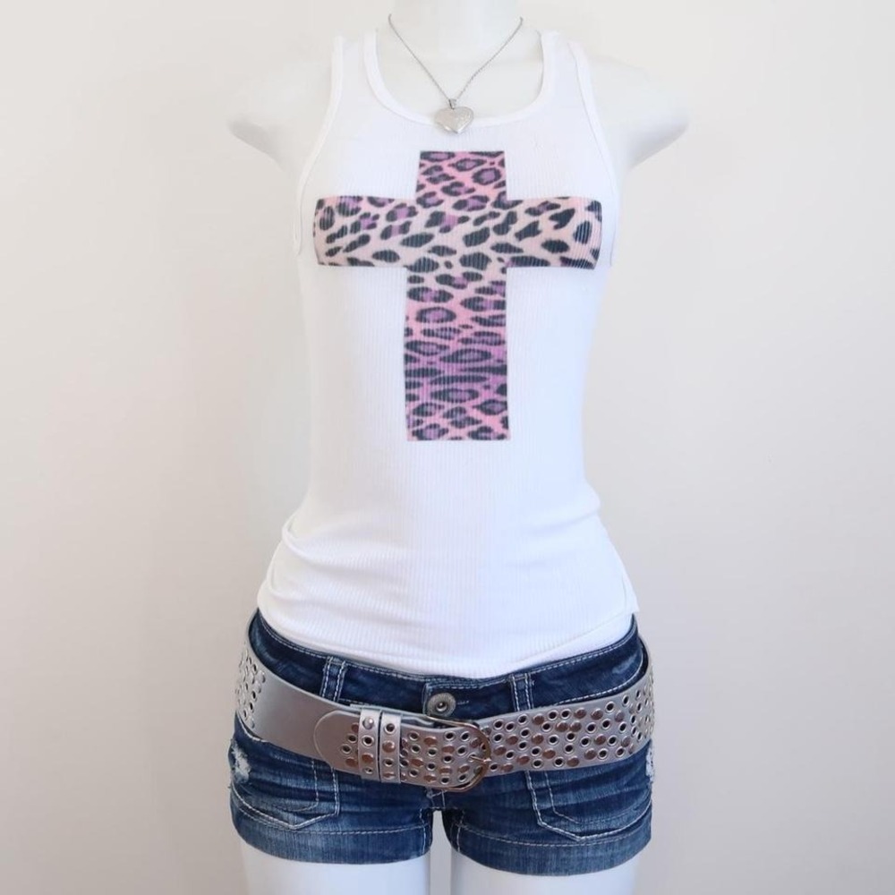 y2k pink‎ leopard cross tank white ribbed baby tee